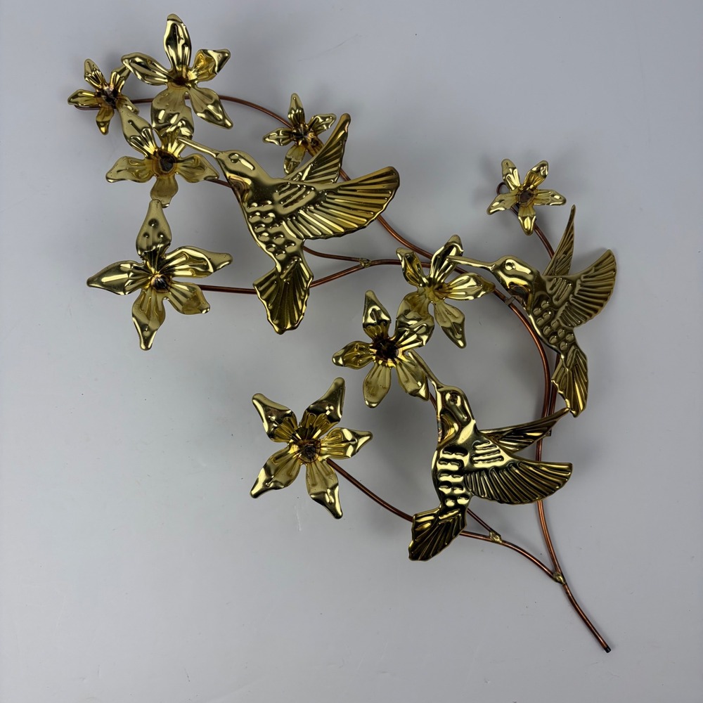Vintage Gold Metal Hummingbird and Flowers Wall Art Decor 19 Inch